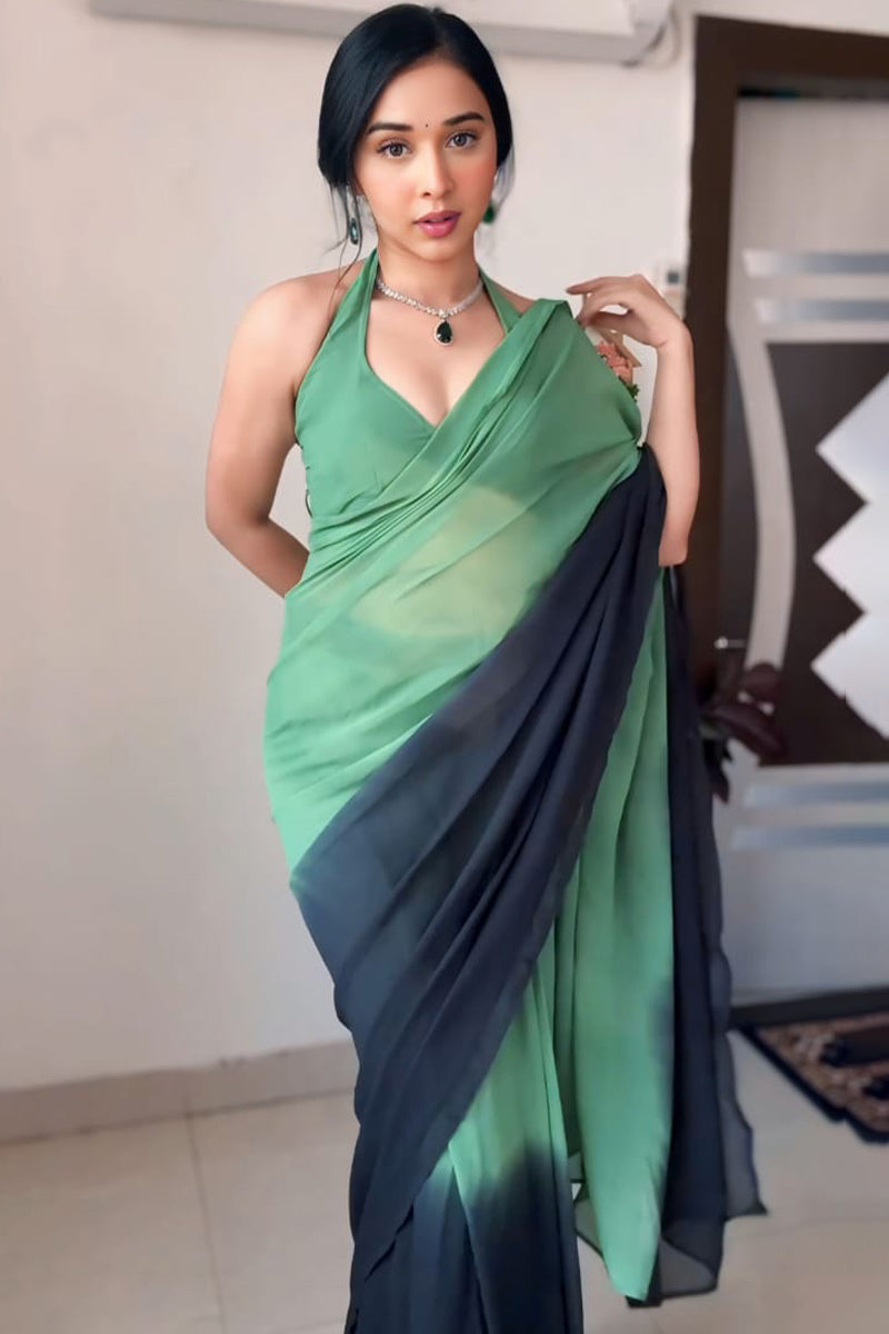 Extraordinary 1-Minute Ready To Wear Green and Black Georgette Saree