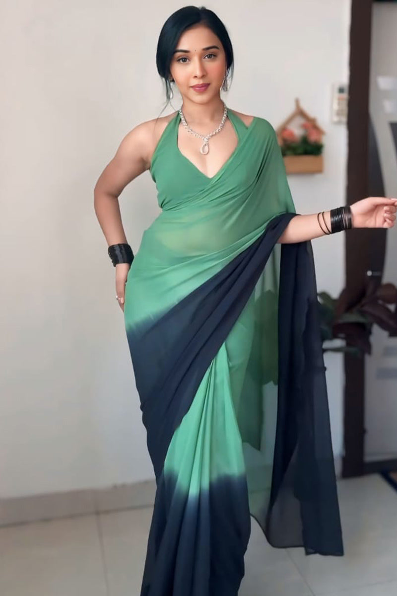 Extraordinary 1-Minute Ready To Wear Green and Black Georgette Saree