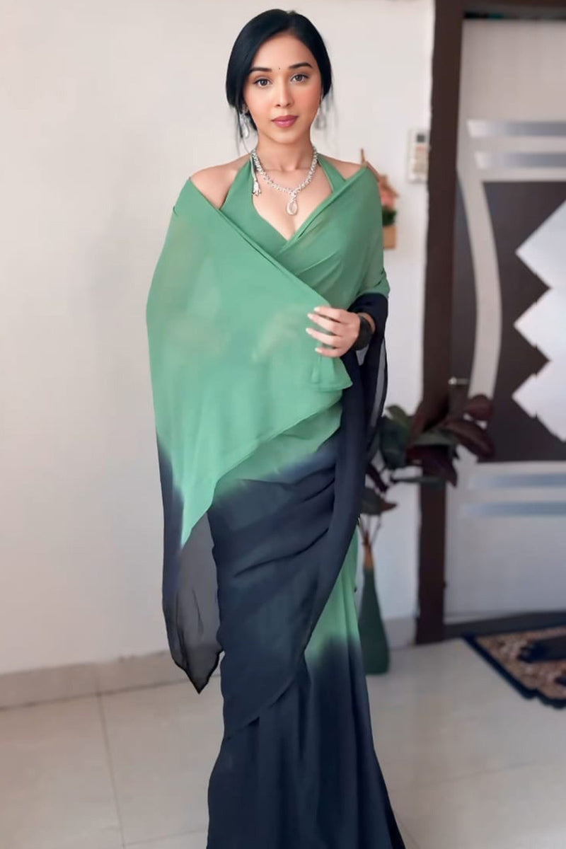 Extraordinary 1-Minute Ready To Wear Green and Black Georgette Saree