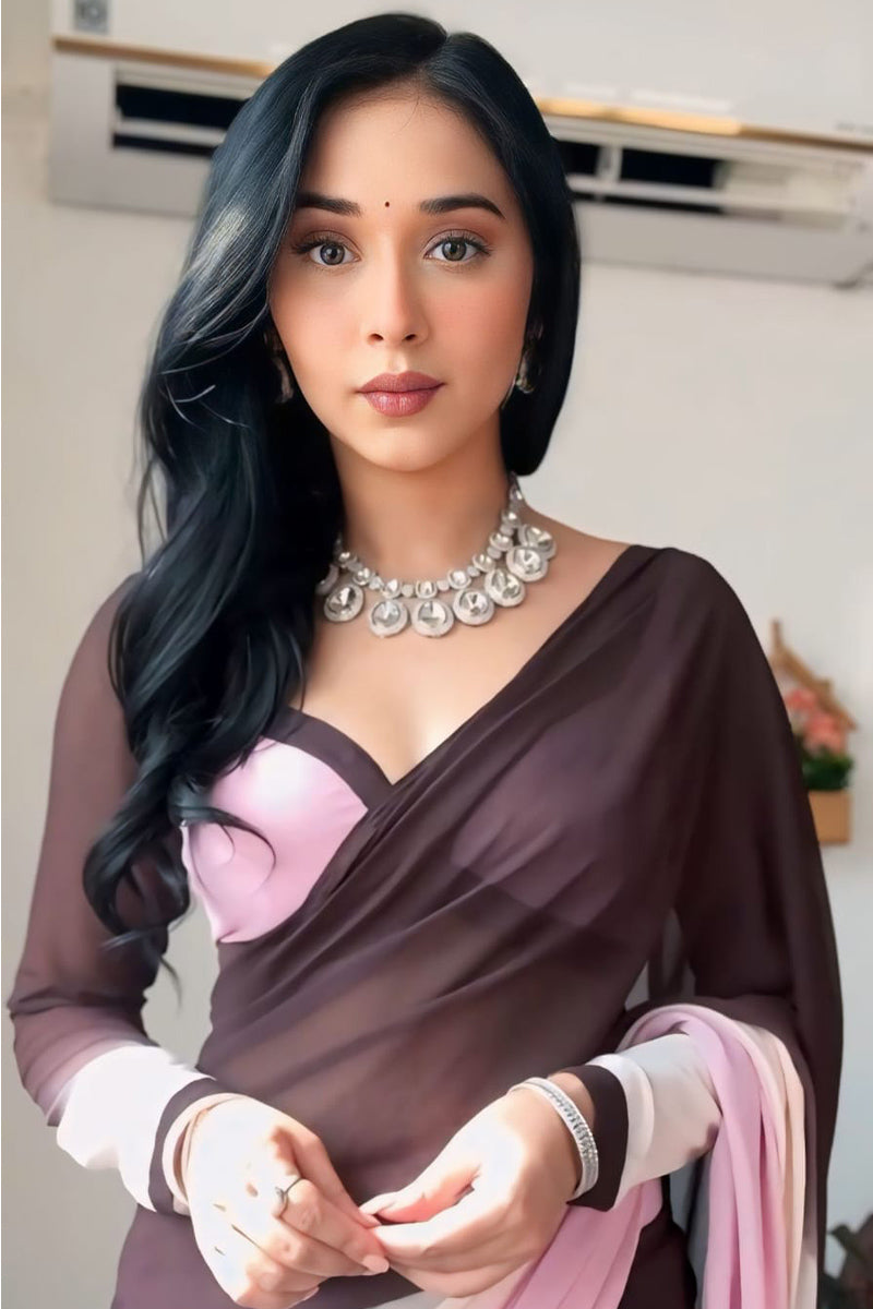 Mellifluous 1-Minute Ready To Wear Brown and Pink Georgette Saree
