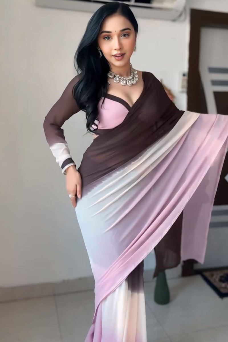 Mellifluous 1-Minute Ready To Wear Brown and Pink Georgette Saree
