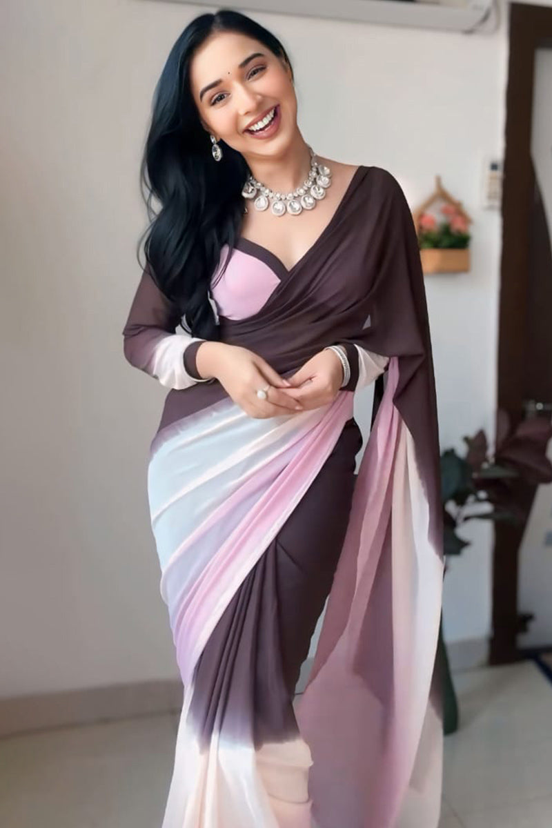 Mellifluous 1-Minute Ready To Wear Brown and Pink Georgette Saree