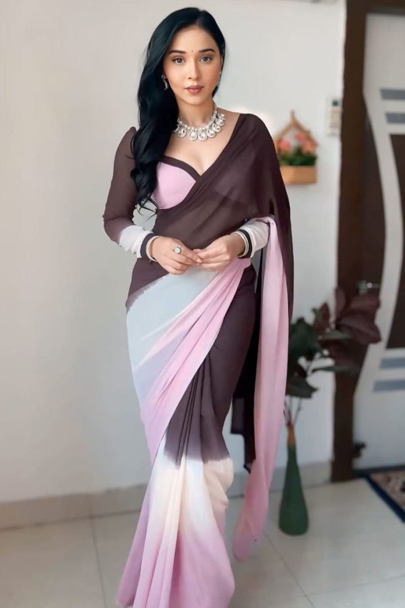 Mellifluous 1-Minute Ready To Wear Brown and Pink Georgette Saree