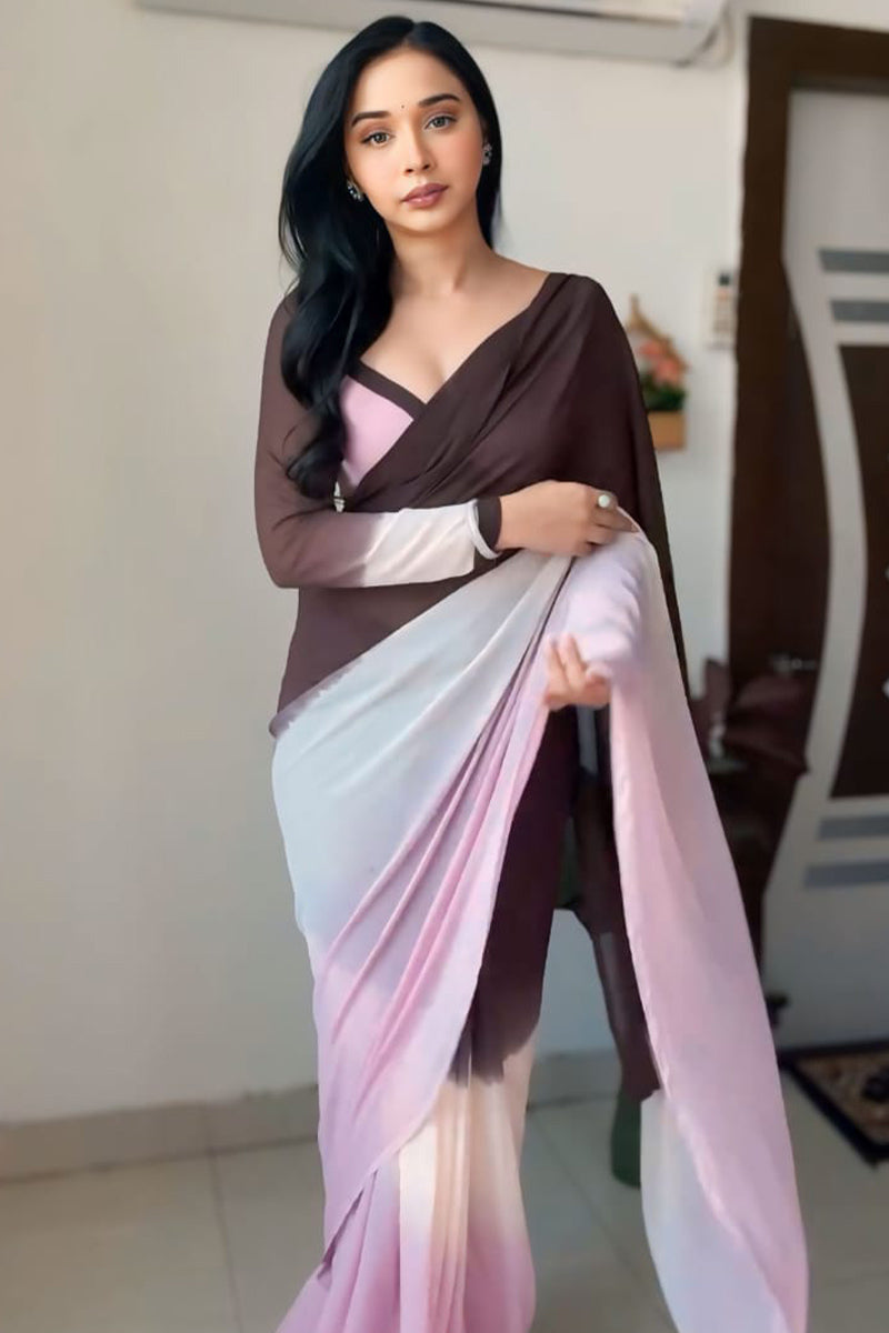 Mellifluous 1-Minute Ready To Wear Brown and Pink Georgette Saree