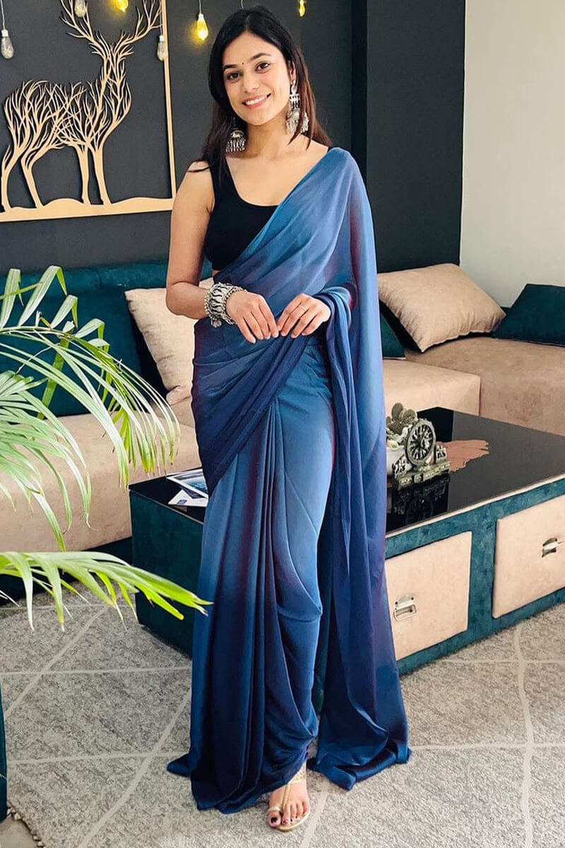 Glamorous 1-Minute Ready To Wear Blue Chiffon Silk Saree