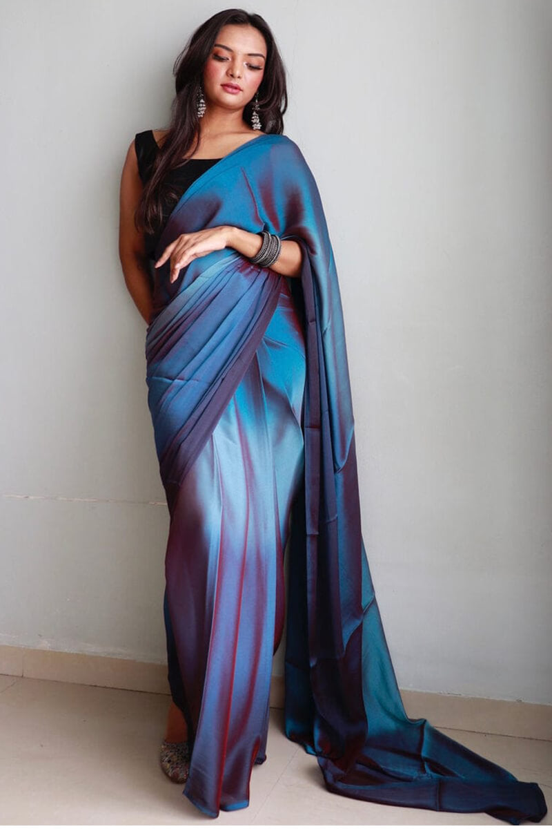 Glamorous 1-Minute Ready To Wear Blue Chiffon Silk Saree