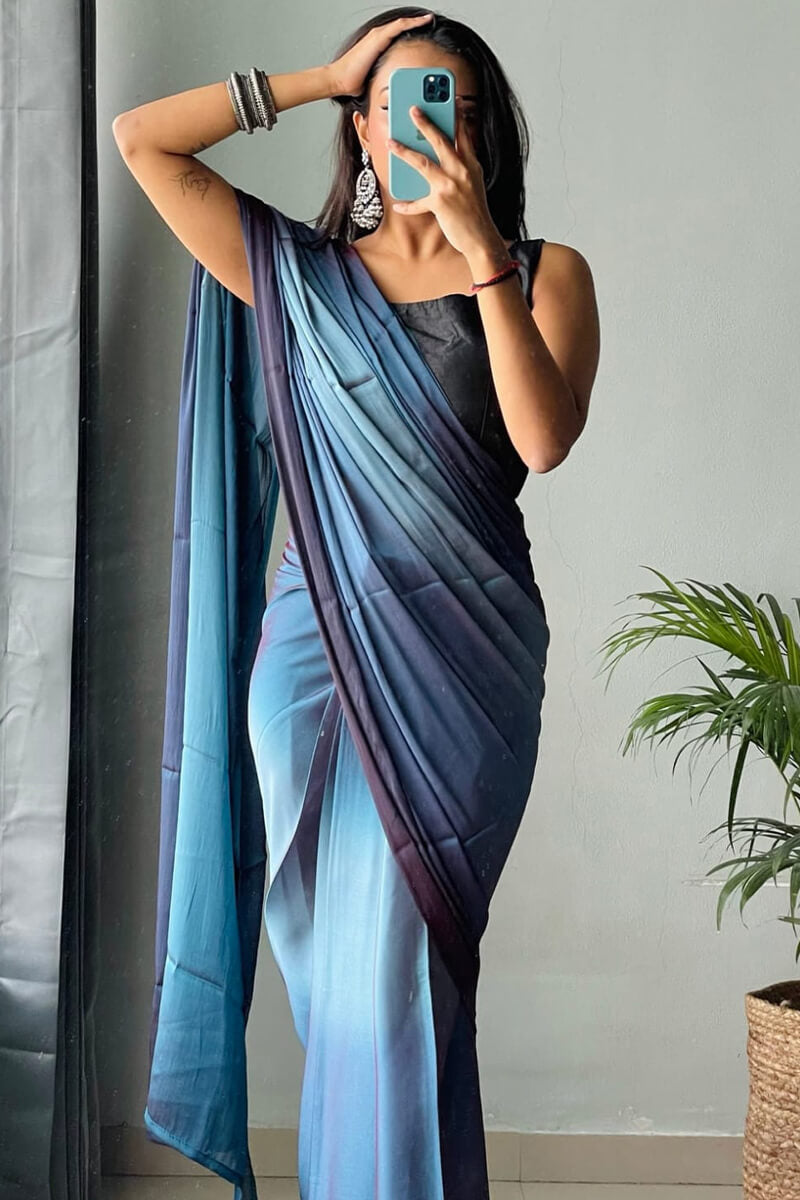 Glamorous 1-Minute Ready To Wear Blue Chiffon Silk Saree
