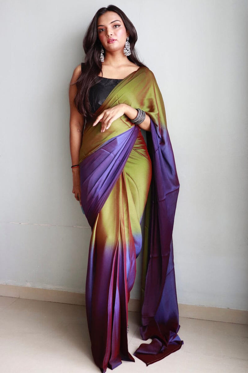 Stunner  1-Minute Ready To Wear Mehndi and Blue Chiffon Silk Saree