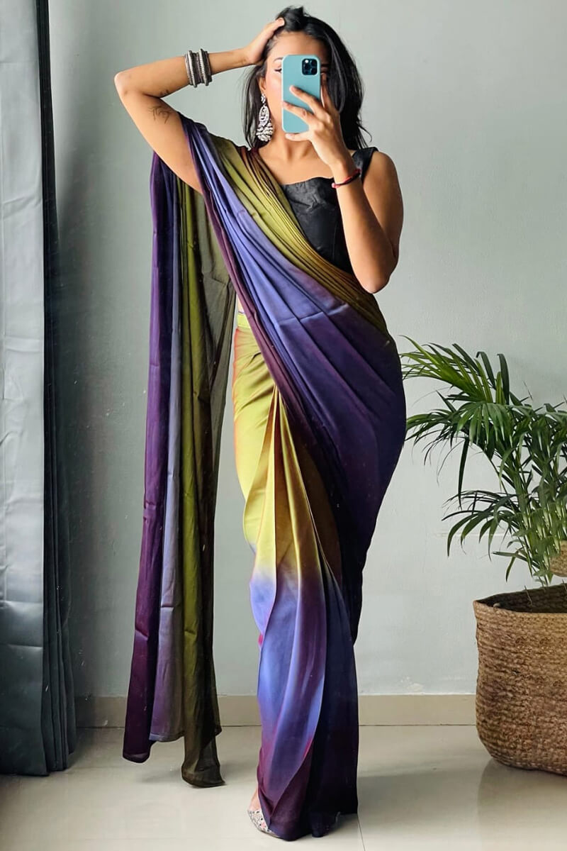 Stunner  1-Minute Ready To Wear Mehndi and Blue Chiffon Silk Saree