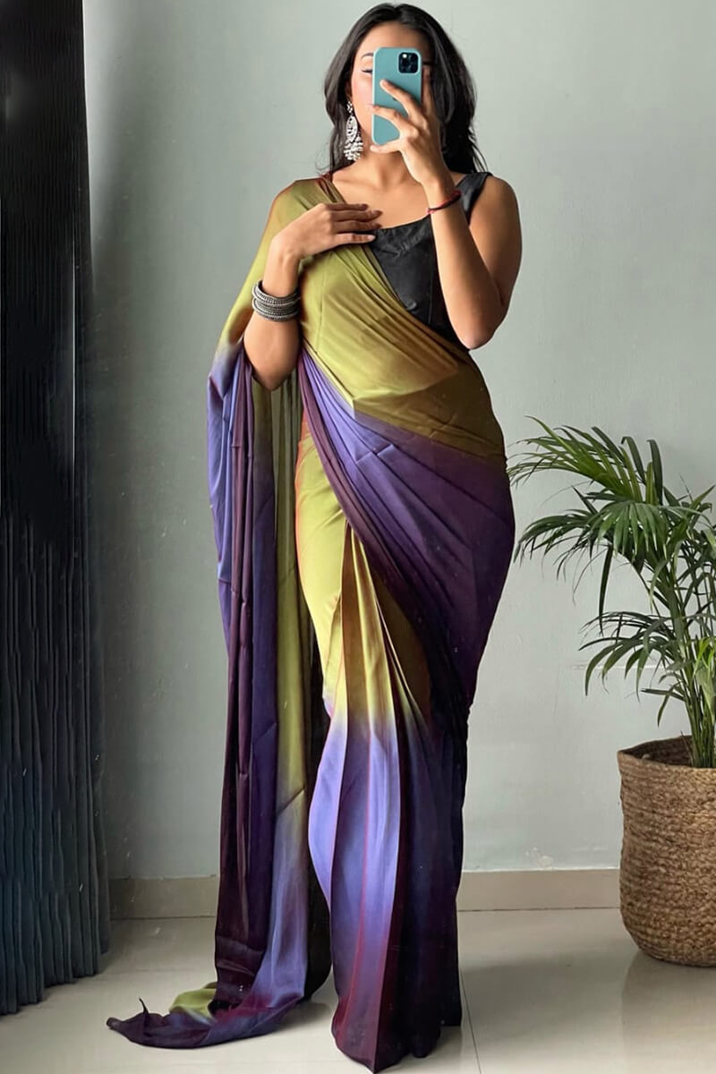 Stunner  1-Minute Ready To Wear Mehndi and Blue Chiffon Silk Saree