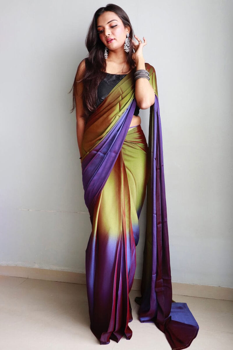 Stunner  1-Minute Ready To Wear Mehndi and Blue Chiffon Silk Saree