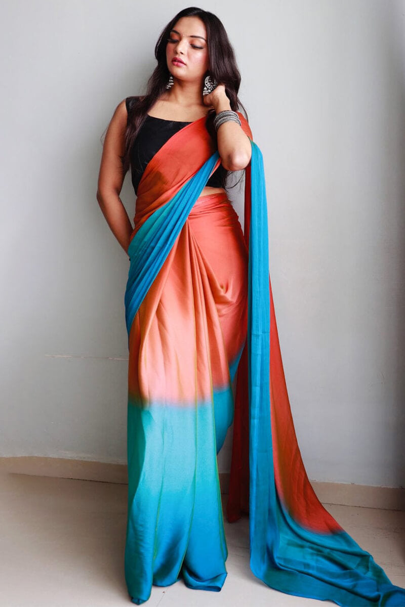 Gratifying 1-Minute Ready To Wear Orange and Firozi Chiffon Silk Saree