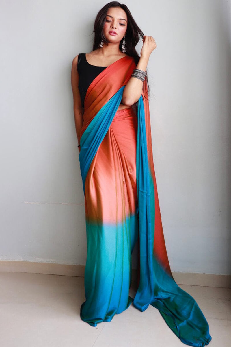 Gratifying 1-Minute Ready To Wear Orange and Firozi Chiffon Silk Saree