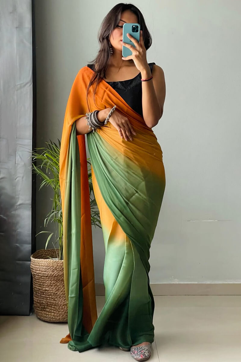 Engrossing 1-Minute Ready To Wear Orange and Green Chiffon Silk Saree