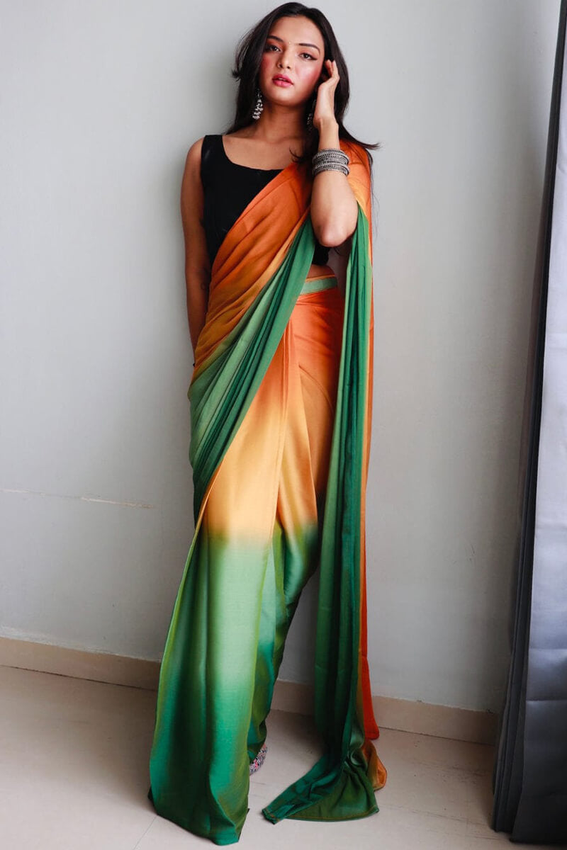 Engrossing 1-Minute Ready To Wear Orange and Green Chiffon Silk Saree