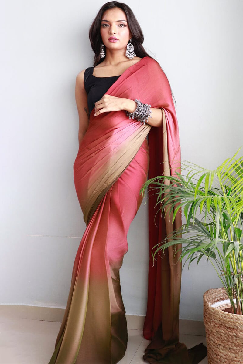 Prettiest 1-Minute Ready To Wear Pink and Brown Chiffon Silk Saree