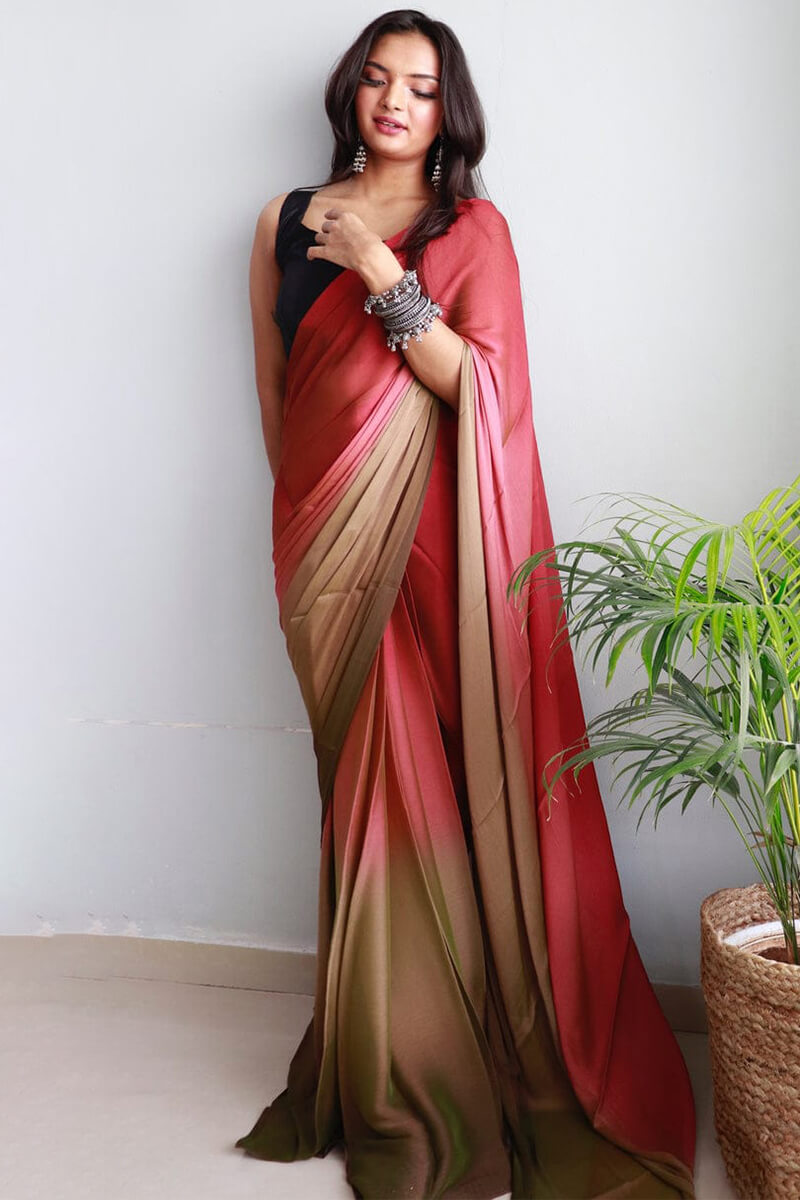 Prettiest 1-Minute Ready To Wear Pink and Brown Chiffon Silk Saree