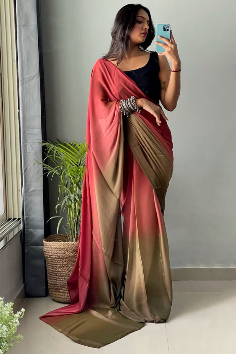 Prettiest 1-Minute Ready To Wear Pink and Brown Chiffon Silk Saree