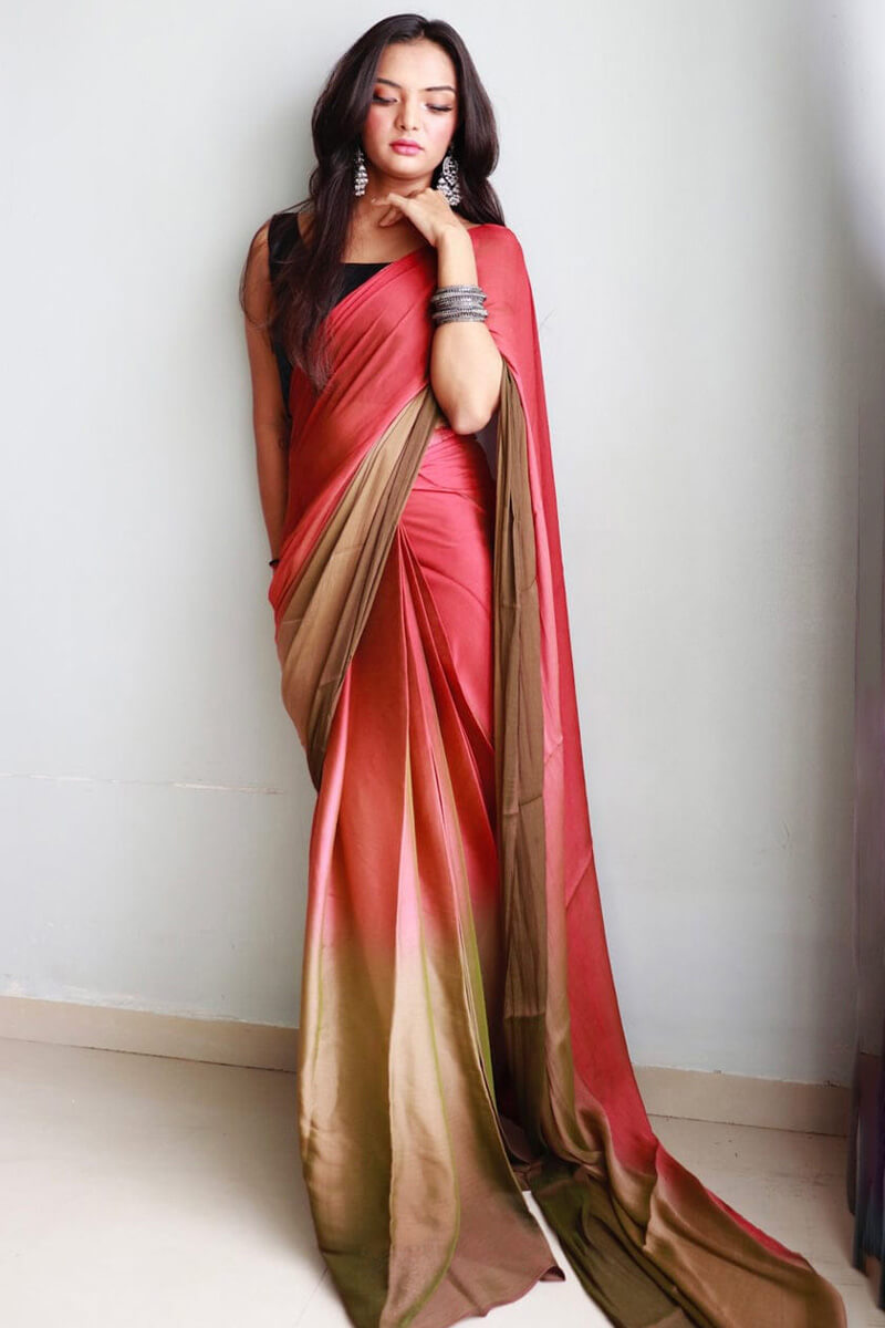Prettiest 1-Minute Ready To Wear Pink and Brown Chiffon Silk Saree