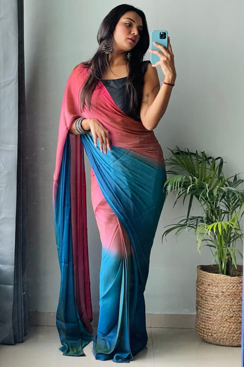 Traditional 1-Minute Ready To Wear Pink and Firozi Chiffon Silk Saree