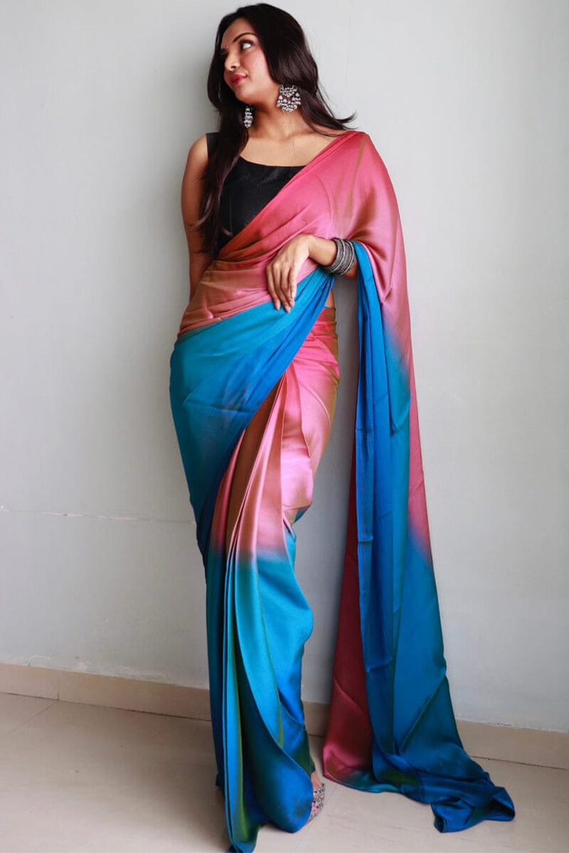 Traditional 1-Minute Ready To Wear Pink and Firozi Chiffon Silk Saree