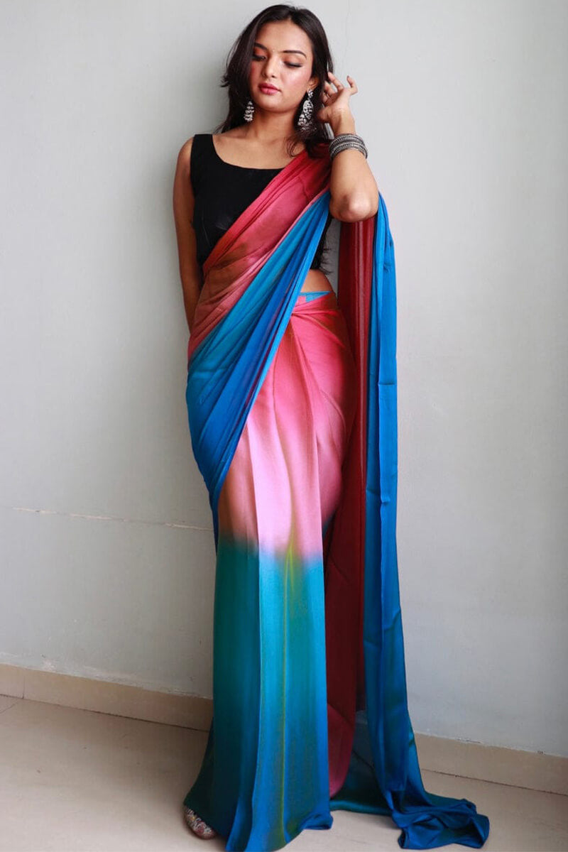 Traditional 1-Minute Ready To Wear Pink and Firozi Chiffon Silk Saree