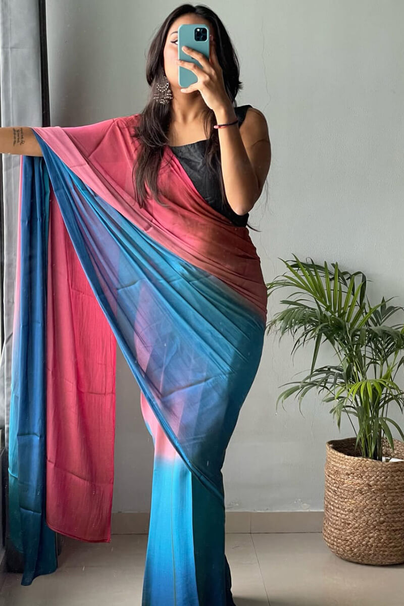 Traditional 1-Minute Ready To Wear Pink and Firozi Chiffon Silk Saree