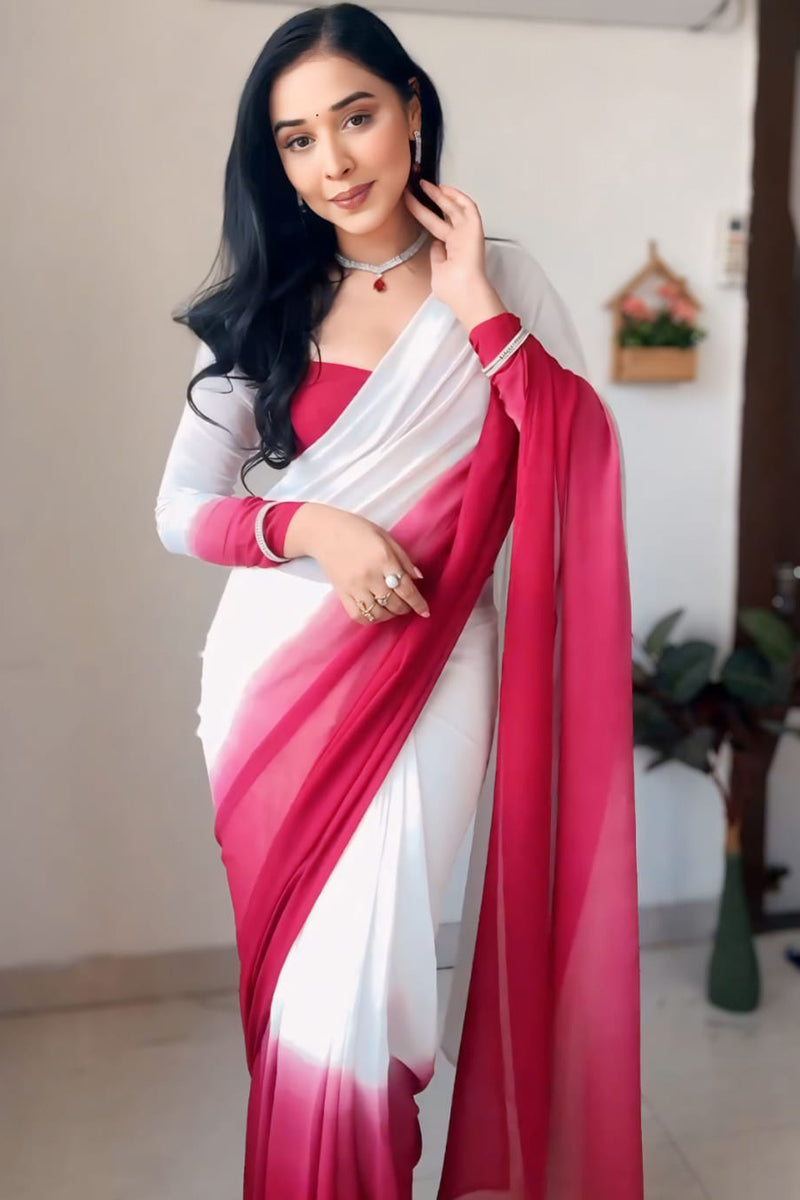 Most Stunning 1-Minute Ready To Wear Dark Pink and White Georgette Saree