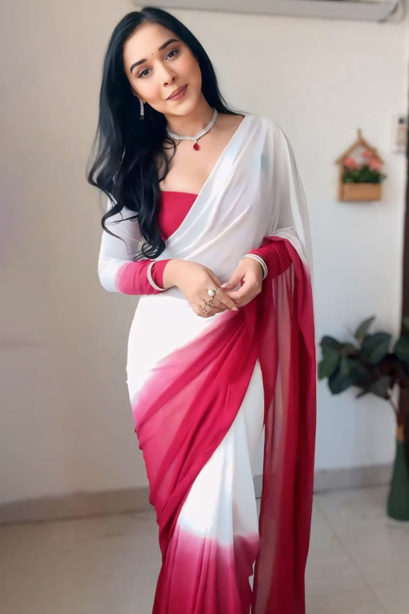 Most Stunning 1-Minute Ready To Wear Dark Pink and White Georgette Saree