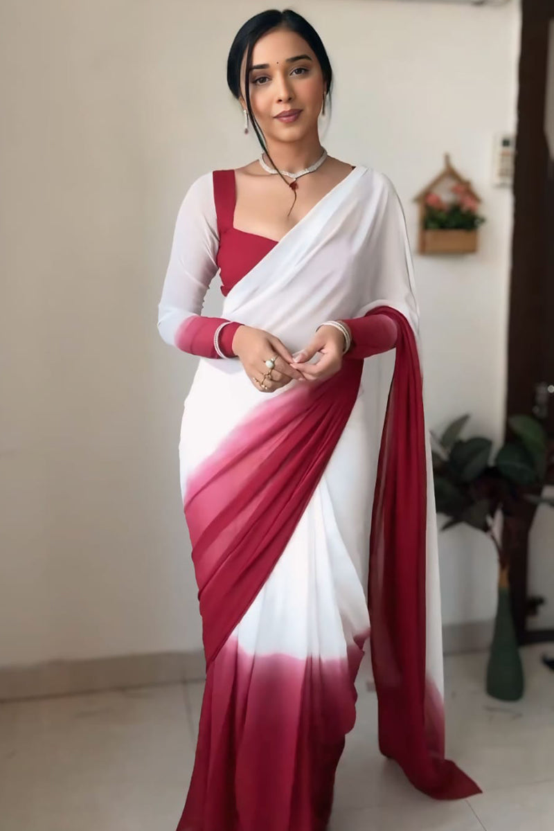 Most Stunning 1-Minute Ready To Wear Dark Pink and White Georgette Saree