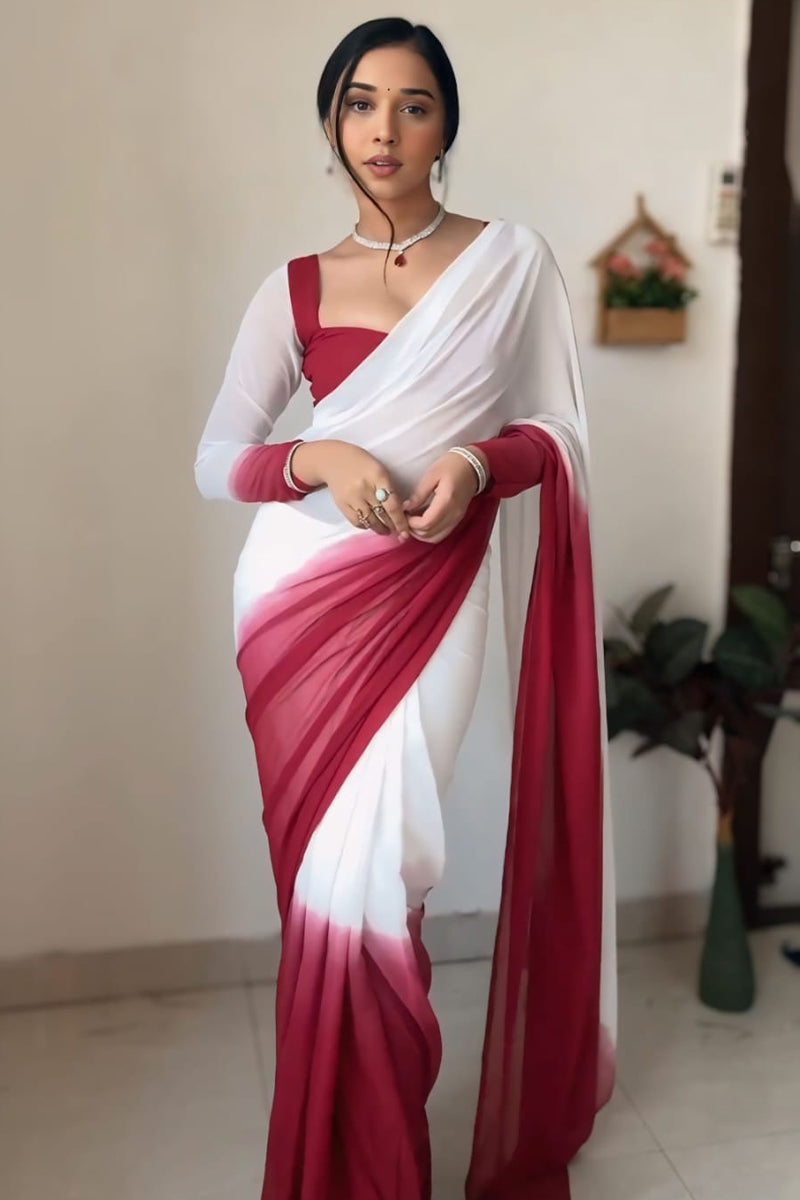 Most Stunning 1-Minute Ready To Wear Dark Pink and White Georgette Saree