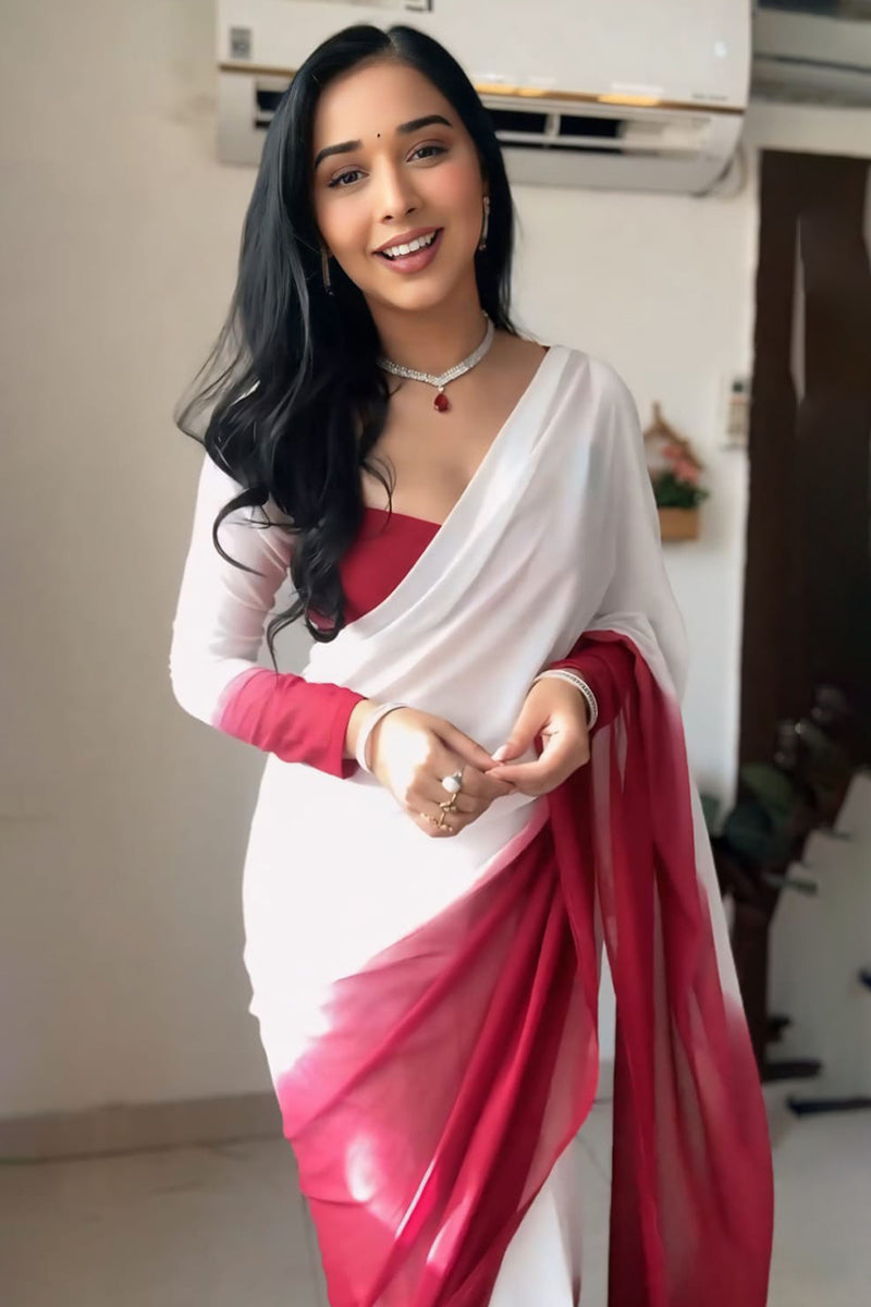 Most Stunning 1-Minute Ready To Wear Dark Pink and White Georgette Saree