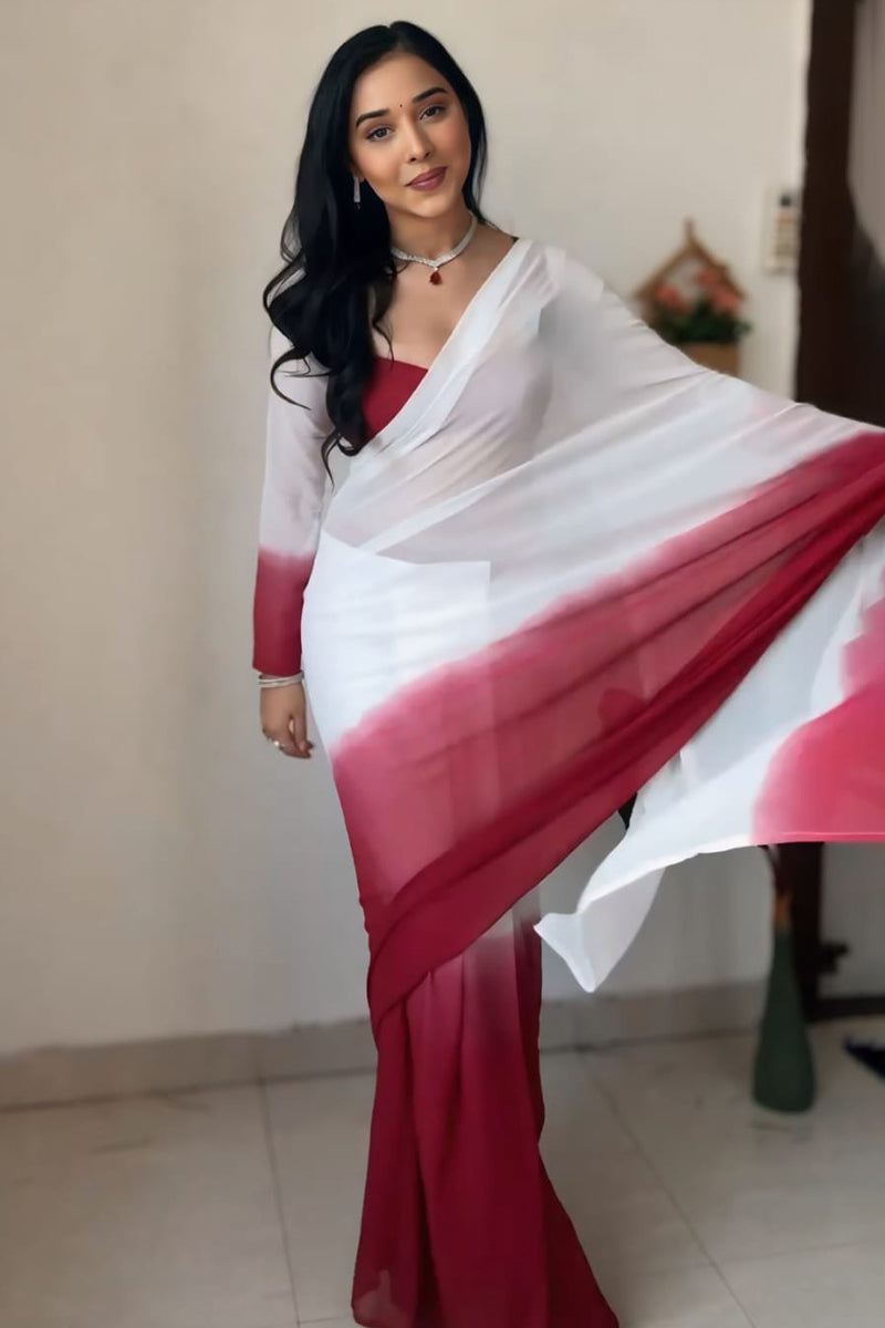 Most Stunning 1-Minute Ready To Wear Dark Pink and White Georgette Saree