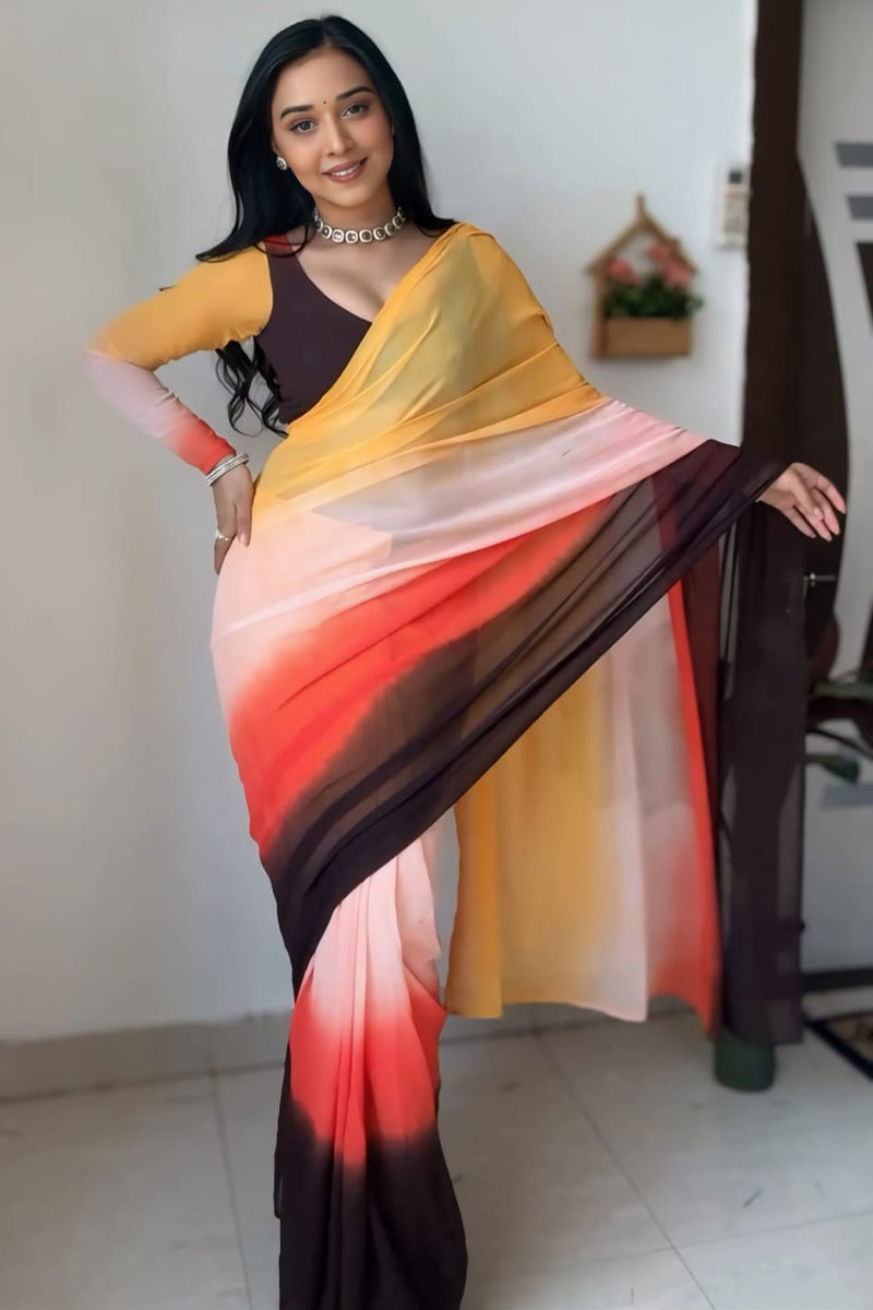 Chatoyant 1-Minute Ready To Wear Yellow and Brown Georgette Saree