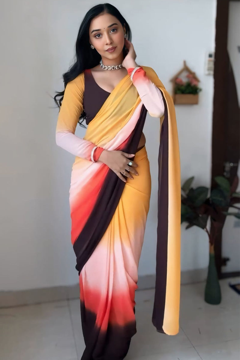 Chatoyant 1-Minute Ready To Wear Yellow and Brown Georgette Saree
