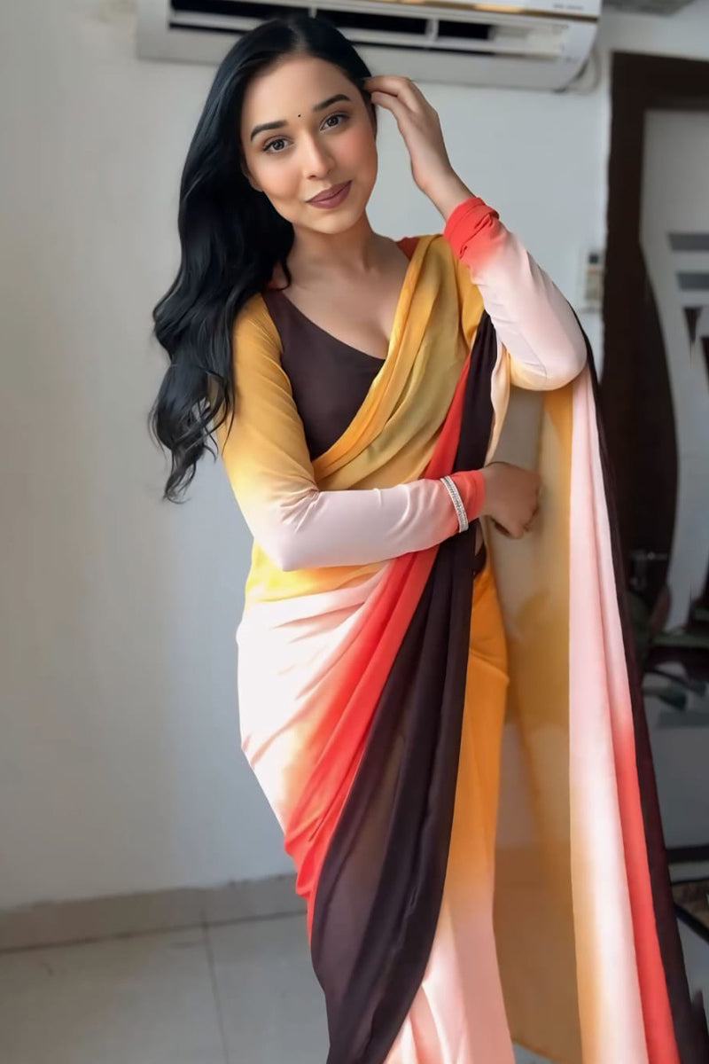 Chatoyant 1-Minute Ready To Wear Yellow and Brown Georgette Saree