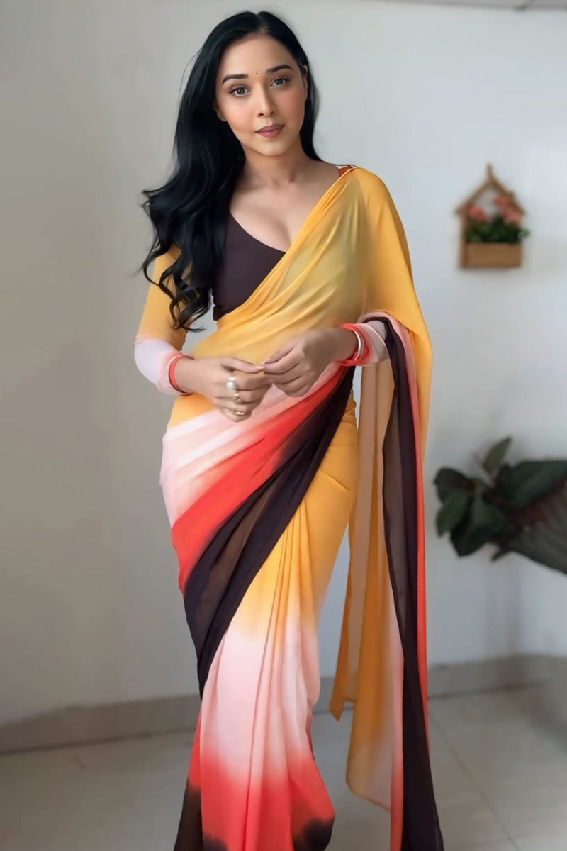 Chatoyant 1-Minute Ready To Wear Yellow and Brown Georgette Saree