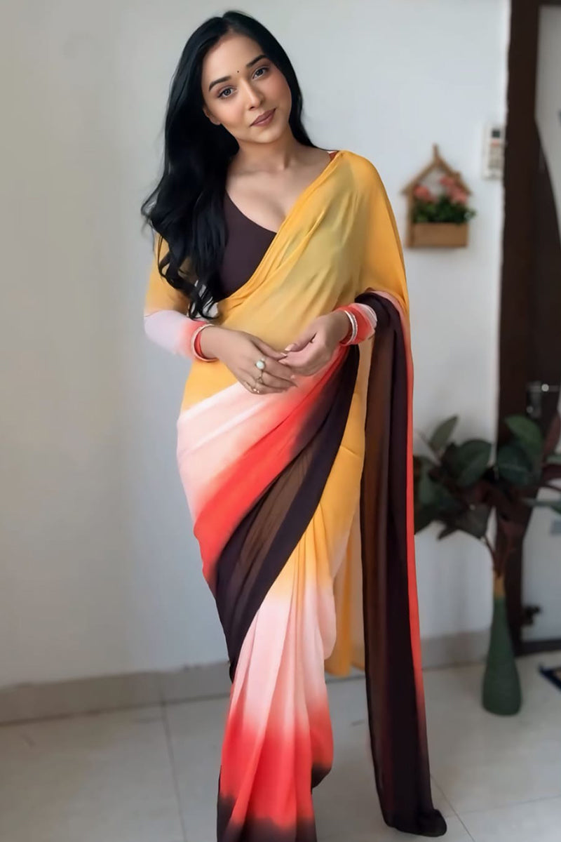 Chatoyant 1-Minute Ready To Wear Yellow and Brown Georgette Saree