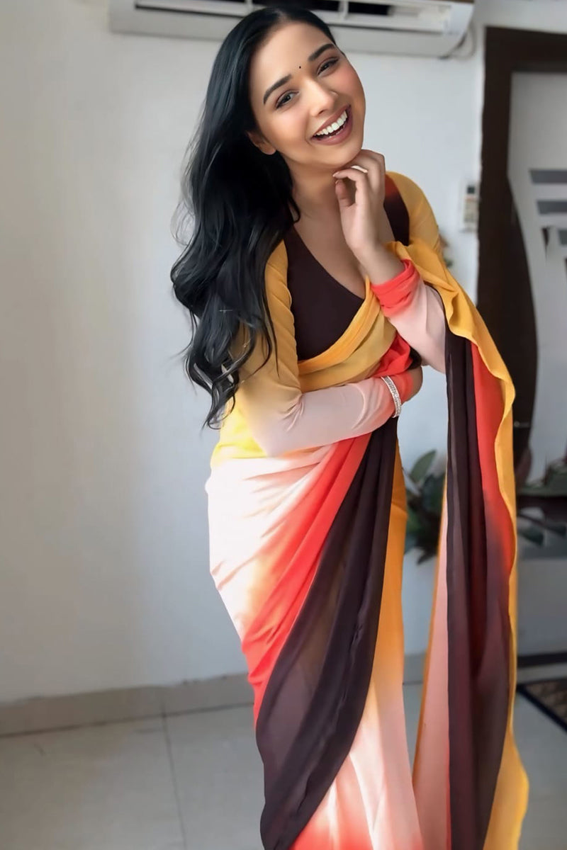 Chatoyant 1-Minute Ready To Wear Yellow and Brown Georgette Saree