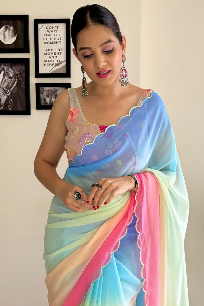 Flaunt 1-Minute Ready To Wear Firozi and Pink Georgette Saree