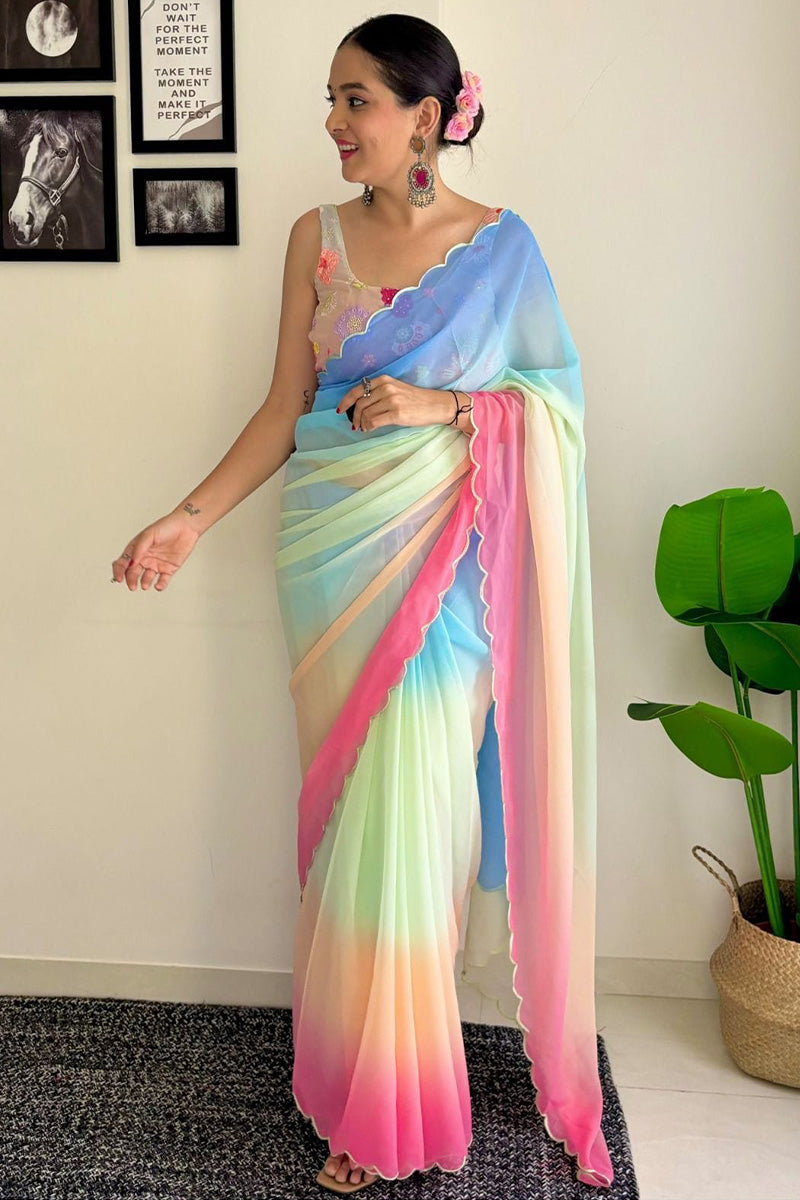 Flaunt 1-Minute Ready To Wear Firozi and Pink Georgette Saree