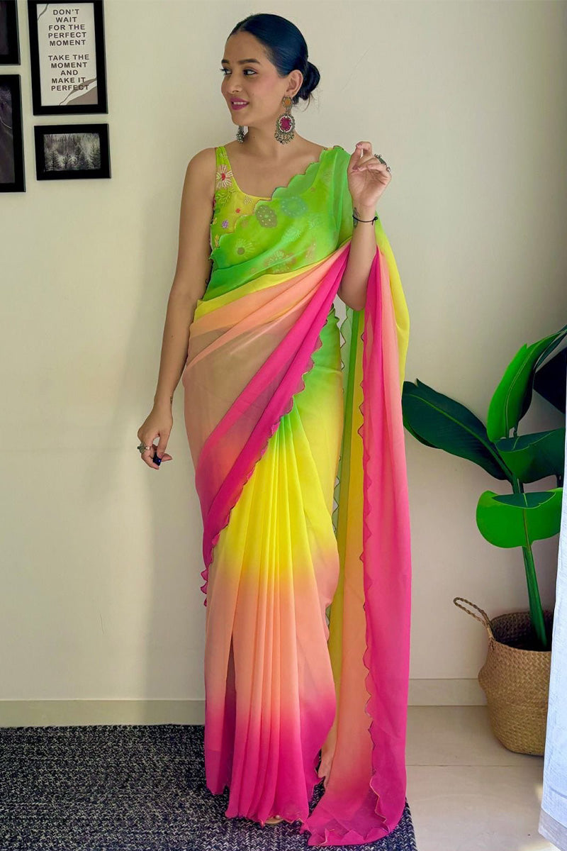 Refreshing 1-Minute Ready To Wear Green and Pink Georgette Saree
