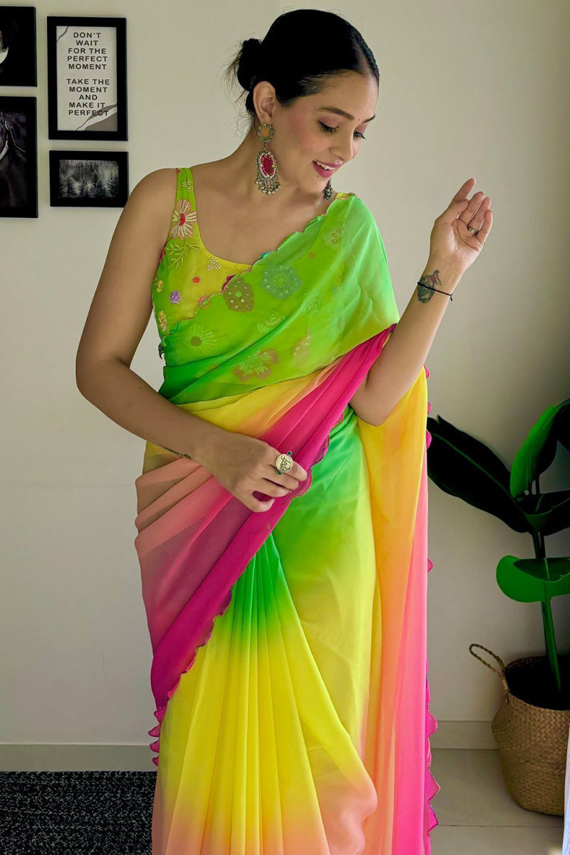 Refreshing 1-Minute Ready To Wear Green and Pink Georgette Saree