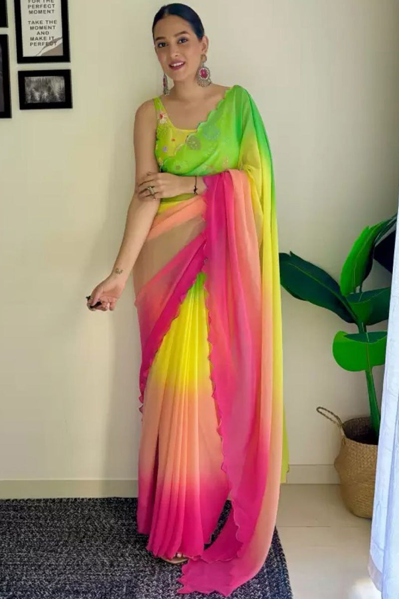Refreshing 1-Minute Ready To Wear Green and Pink Georgette Saree