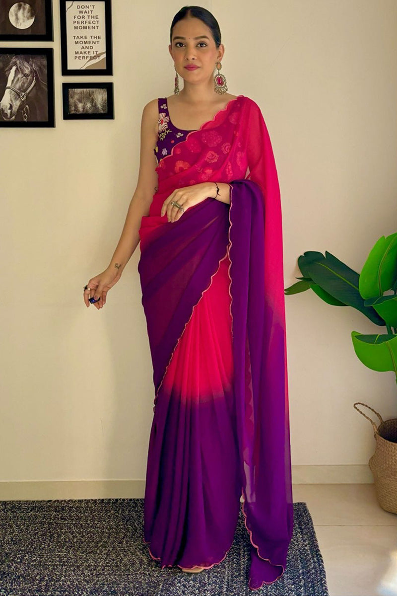 Energetic 1-Minute Ready To Wear Pink and Purple Georgette Saree