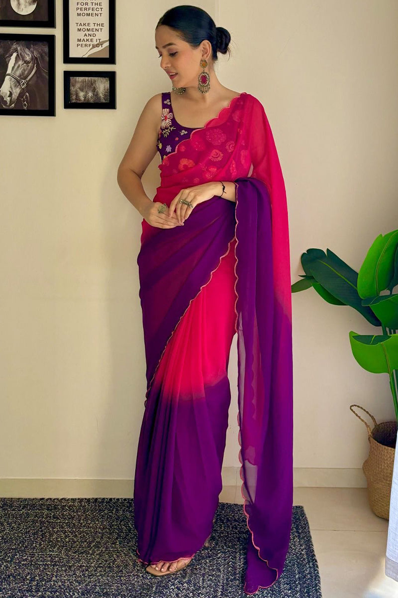 Energetic 1-Minute Ready To Wear Pink and Purple Georgette Saree