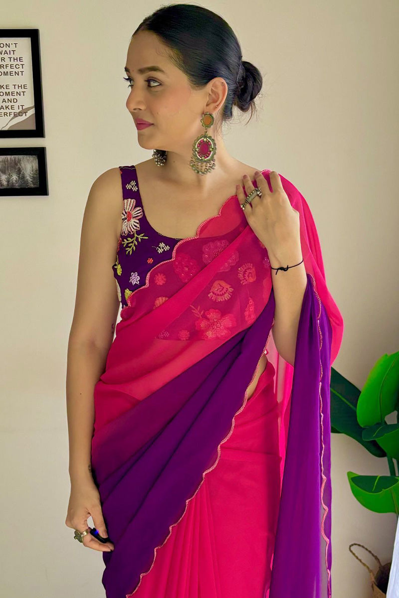 Energetic 1-Minute Ready To Wear Pink and Purple Georgette Saree
