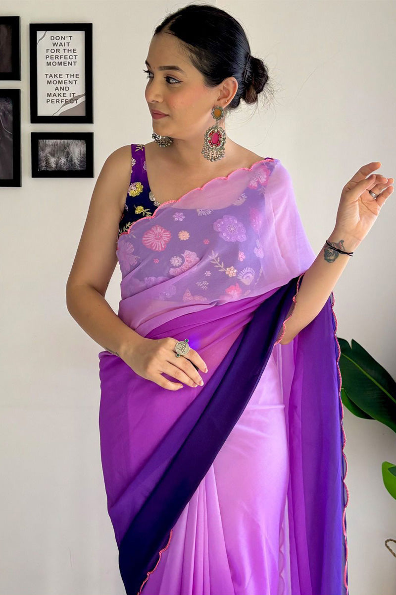 Gleaming 1-Minute Ready To Wear Purple and Blue Georgette Saree