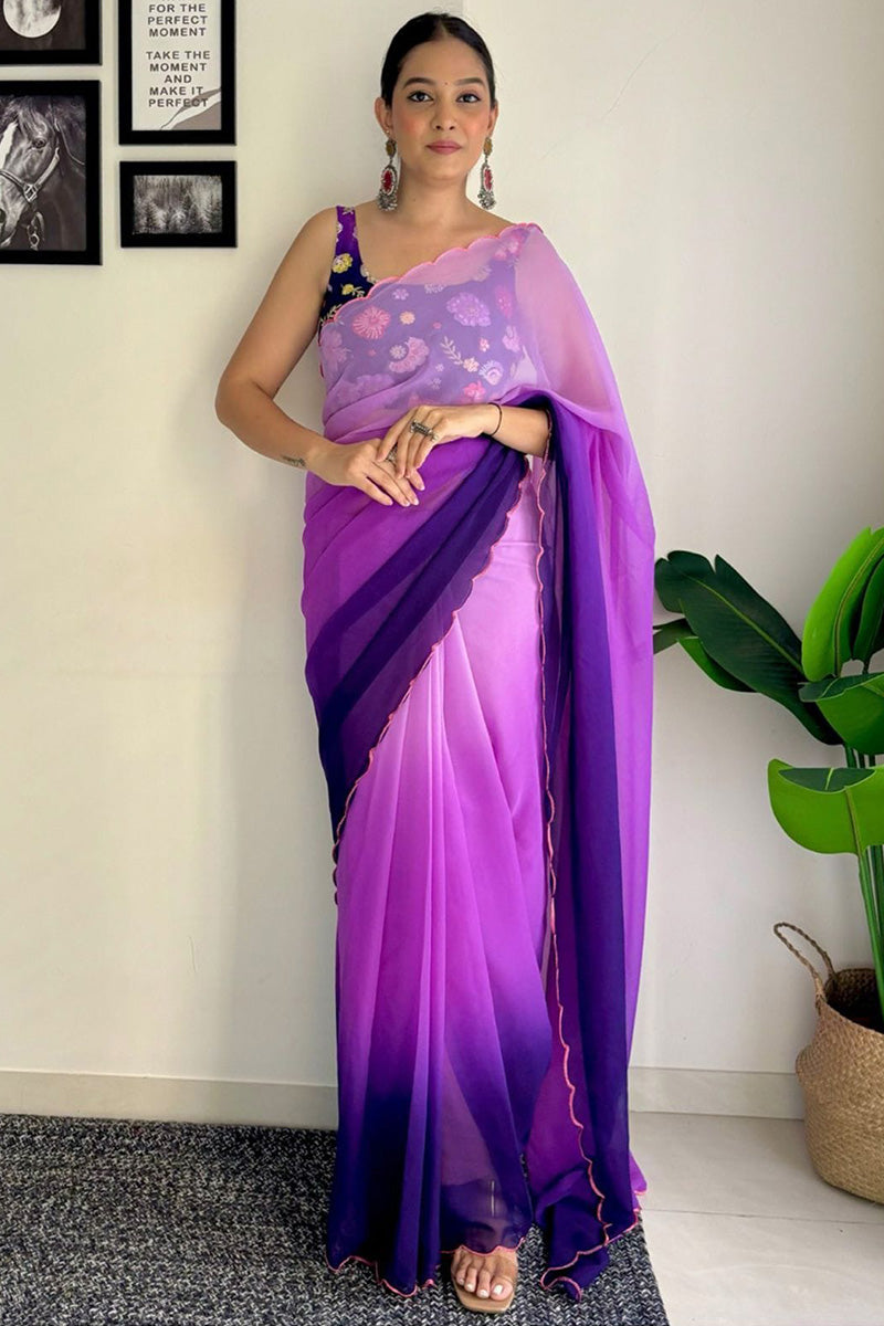 Gleaming 1-Minute Ready To Wear Purple and Blue Georgette Saree