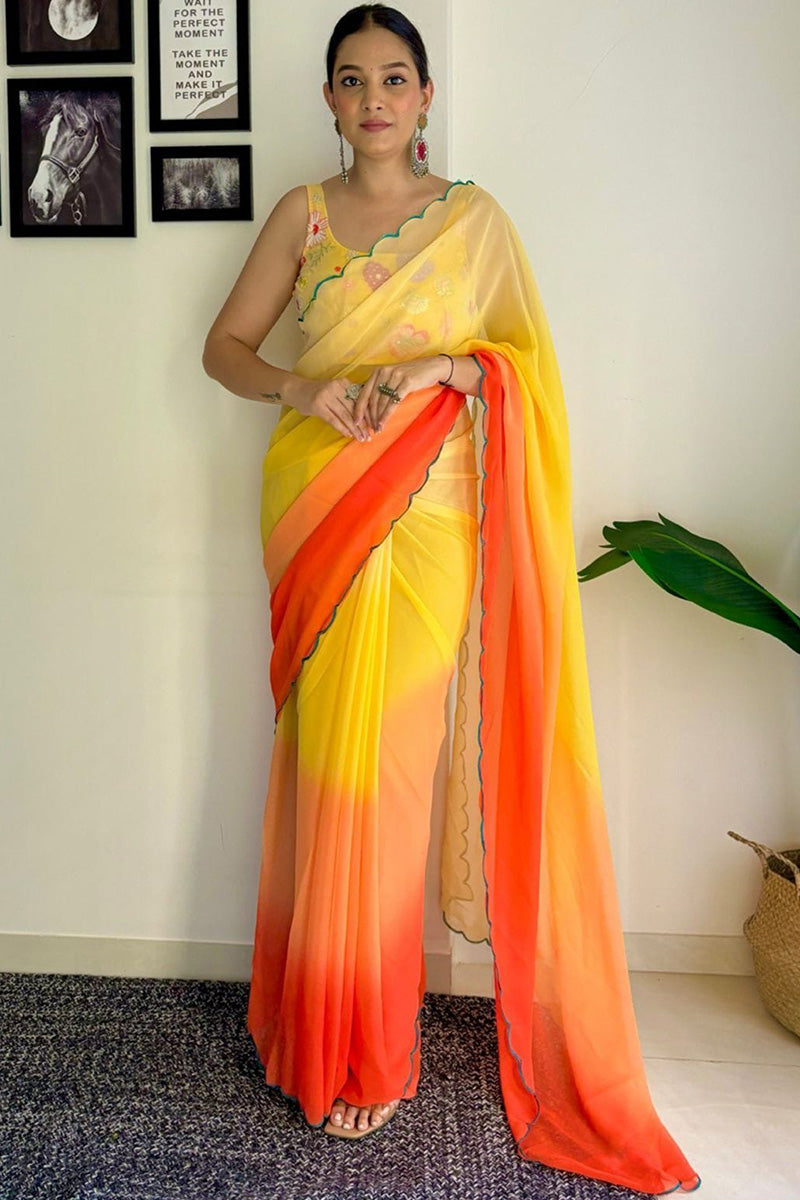 Sophisticated 1-Minute Ready To Wear Yellow and Orange Georgette Saree